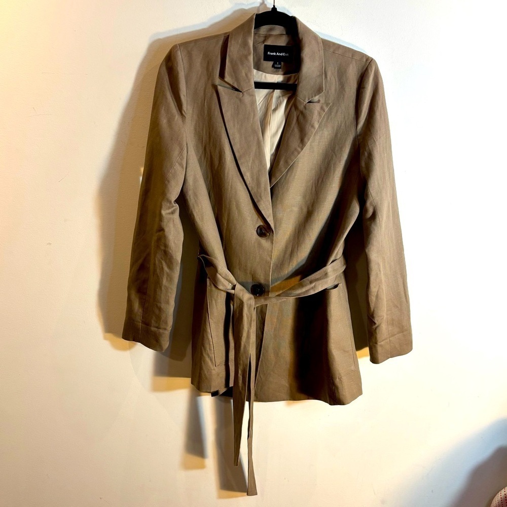 FRANK and OAK Sz S Oversized Belted Peak Lapel Linen Tencel Patch Pockets Blazer